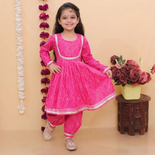 Cotton Embroidered Girls Princess Pink Bandhej Suits Festive Wear
