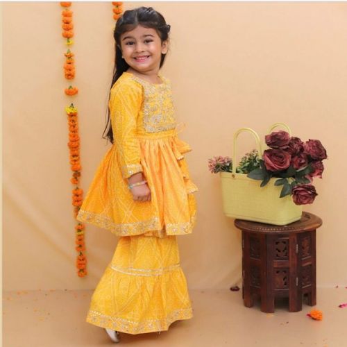 Vastrarth Cotton Girls Sunny Bandhej Sharara Suits, Color : Yellow