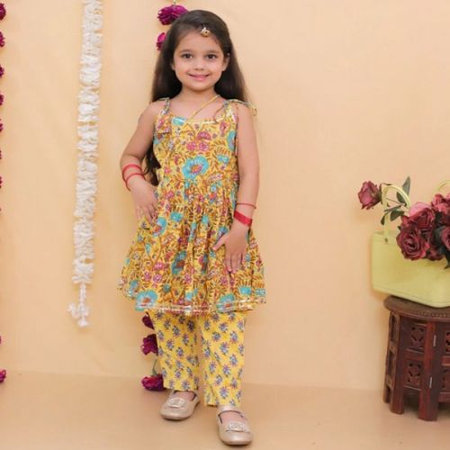 Cotton Printed Girls Yellow Bliss Pant Suits Festive Wear