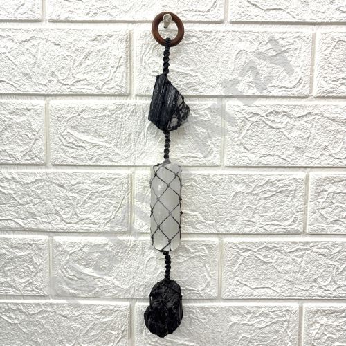 Hand-Knotted Wall Hanging with Black Tourmaline & Selenite - Handmade