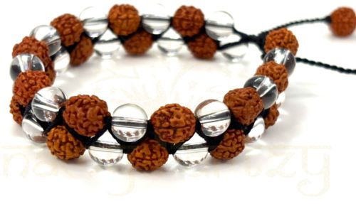 Handmade Natural 8mm Mix Faces Rudraksha Beads Clear Quartz Double Line Bracelet
