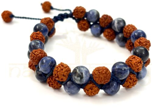 Handmade Natural 8mm Mix Faces Rudraksha Beads with Sodalite Double Line Macrame Healing Bracelet