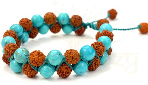 Handmade Natural 8mm Mix Faces Rudraksha Beads with Vintage Turquoise Double Line Bracelet