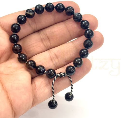 Handmade, Natural & Beautiful 8mm Black Agate Gemstone Hand-Knotted Protection Bracelet - Quality MA