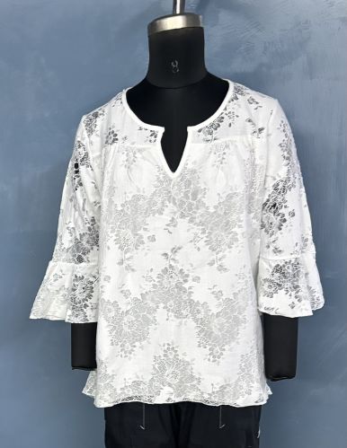 Solid Ladies White Cotton Embroidered Tops