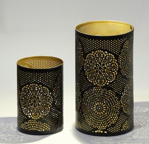 Modern Black & Gold Patterned Candle Holder Set