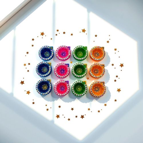 Hand Crafted Diwali Clay Diya Pack OF 12, Color : Multi Color