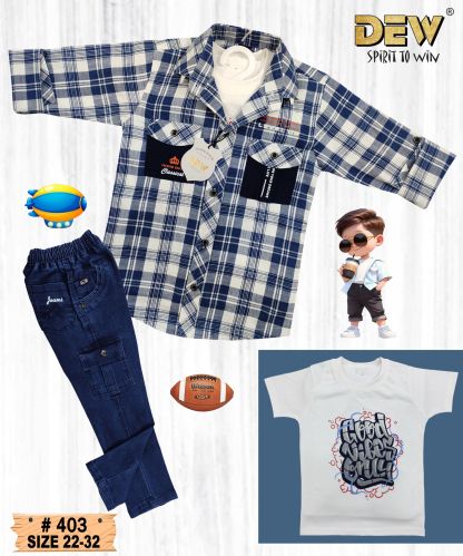 Cotton Boys Indigo Checked Shirt Pant Set