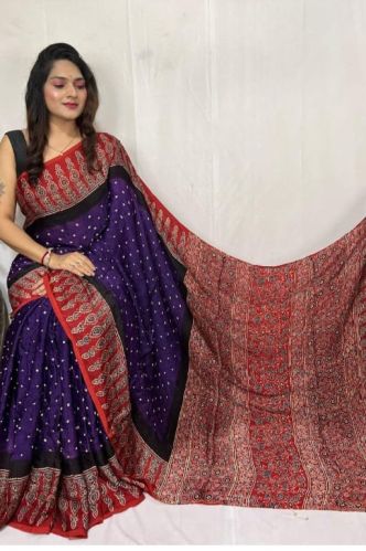 Green and Red Fancy Ajrakh Digital Printed Crepe Silk Saree