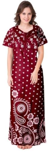 Maroon Pure Cotton Printed Nighty Nightwear