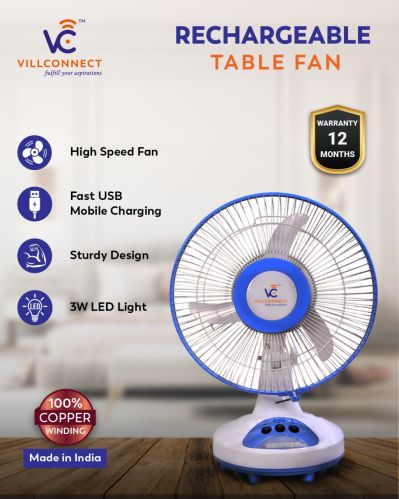 Plastic Villconnect Portable DC Table Fan for Restaurant, Hotel, Home