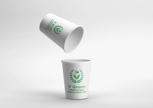V Green Printed White Bio Compostable Paper Cup Single Wall
