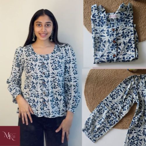 Cotton Ladies Blue Floral Printed Top Casual Wear