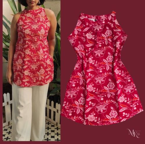 Cotton Ladies Floral Printed Sleeveless Short Kurti Casual Wear