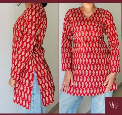 Ladies Leaf Print Short Kurti Casual Wear, Packaging Type : Red
