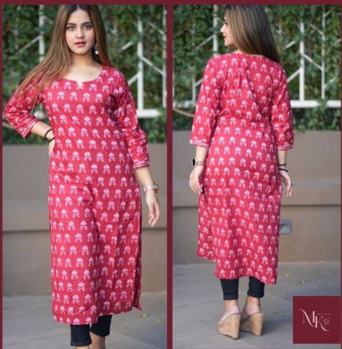 Ladies Red Ajrakh Print Full Sleeves Kurti