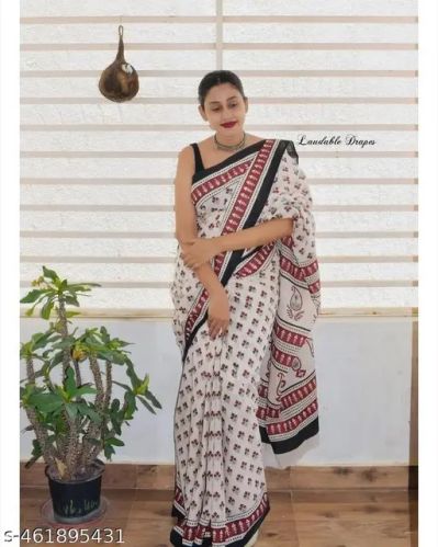 Block Printed Mulmul Cotton Sarees Casual Wear