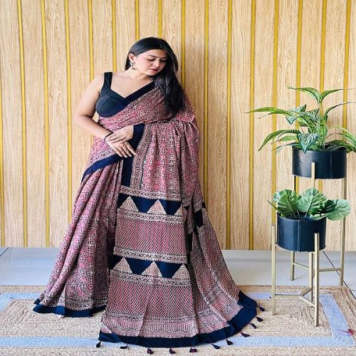 Authentic Navy Blue Ajrakh Handblock Print Pure Modal Silk Saree