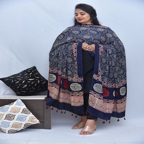 Modal Silk Blue Ajrakh Hand Block Printed Dupatta