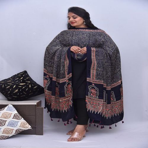 Modal Silk Ajrakh Hand Block Blue Printed Dupatta