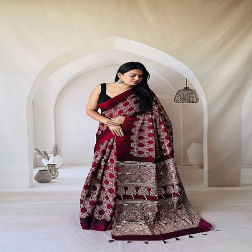 Modal Silk Hand Block Ajrakh Printed Saree