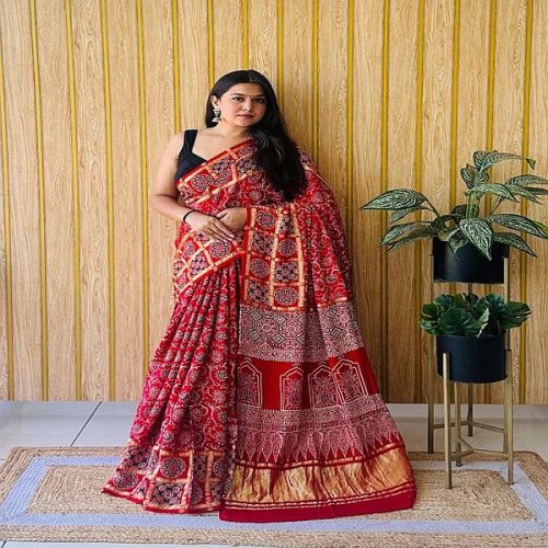 Multicolor Modal Silk Block Print Ajrakh Saree