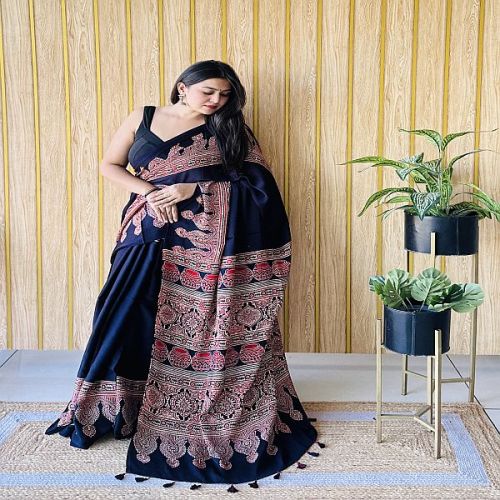 Navy Blue Printed Ajrakh Modal Silk Saree