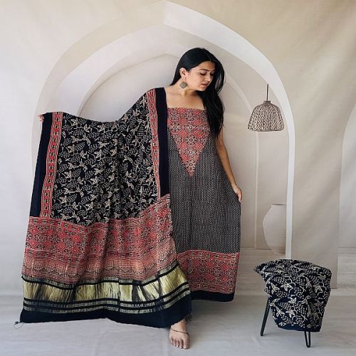 Unstitched Black Modal Silk Ajrak Printed Dress Material
