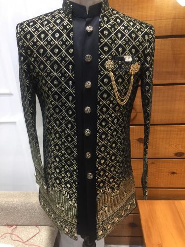 Mens Black & Golden Indo Western Sherwani Set