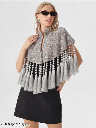 Embroidered Ladies Grey Designer Poncho Party Wear Free Size
