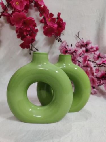 Pack OF 2 Green Ceramic Donut Flower Vases Combo Set