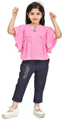 Cotton Blend Girls Casual Printed Pant Top Set Daily Wear