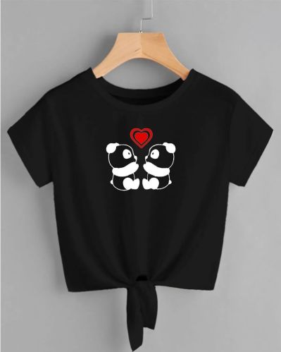 Women Black Cotton Blend Round Neck Printed Crop Top