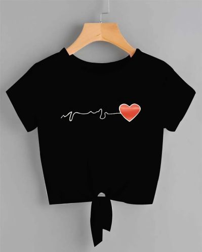 Women Black Cotton Round Neck Printed Crop Top