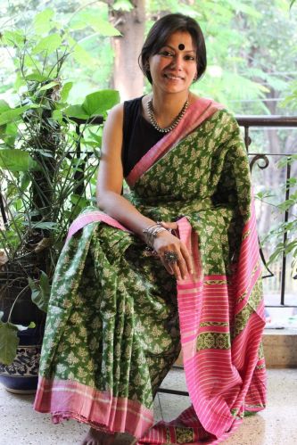 Block Printed Pure Tussar Silk Saree with Ghicha Border