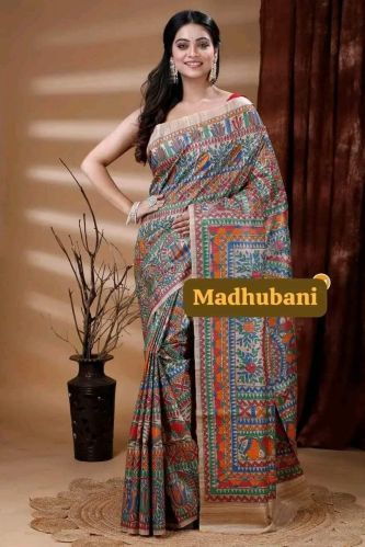 Pure Tussar Hand Painted Madhubani Saree, Color : Multicolor