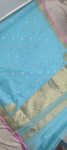 Sky Blue Golden Zari Border Organza Silk Saree