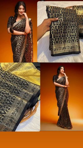 Jacquard pattern Warm Silk Sarees with Floral Design, Color : Black