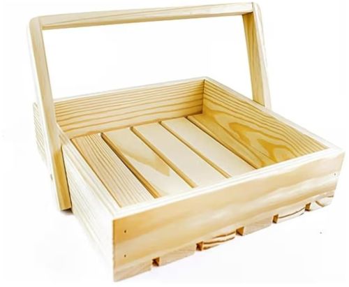 Beige Rectangular Wooden Basket Handle Tray