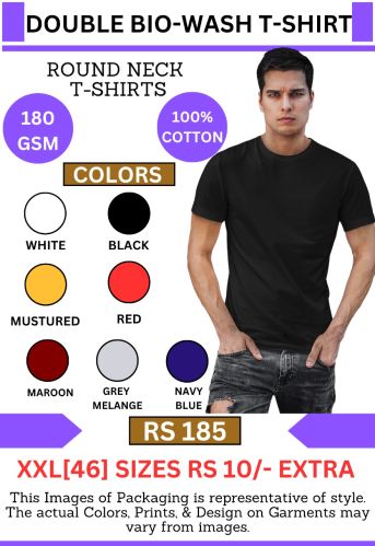 Plain 180 GSM Biowash Round Neck T-shirt, Sleeves Type : Half Sleeves
