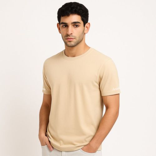 Cotton Aramas Solid Beige Coloured T-shirt, Design : Plain