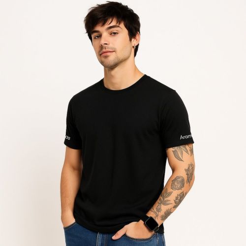 Cotton Aramas Solid Black Coloured T-shirts Round Neck