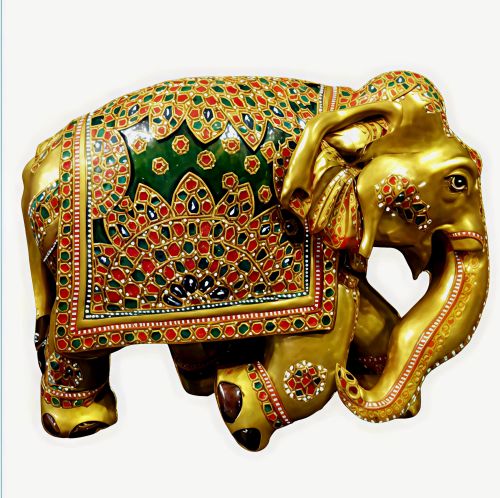 Polished Hand-painted Rajasthani Gemstone Decorated Elephant Statue