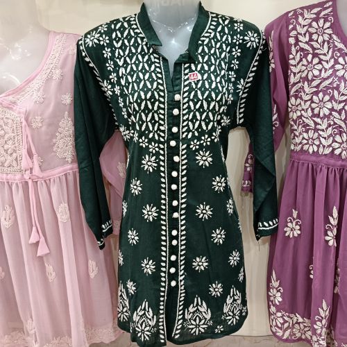 Cotton Lucknowi Chikankari Short Kurti, Stitch Type : Stitched