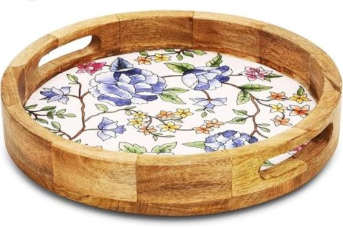 Floral Hand Painted Mango Wood Round Serving Tray
