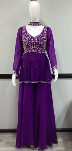 Mani Fashion Hand Embroidered Chinon Ladies Crop Top Palazzo Set