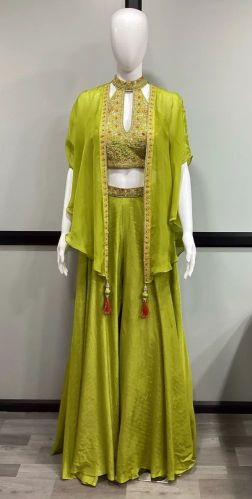 Hand Embroidered Viscose Ladies Crop Top Palazzo Shrug Set