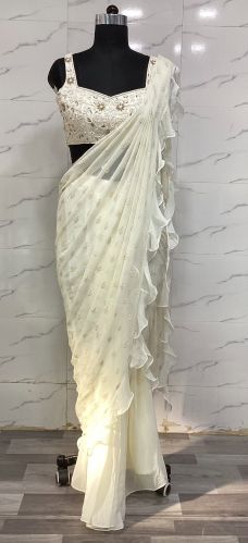 Mani Fashion Stitched Georgette Ready to Wear Saree, Color : Cream
