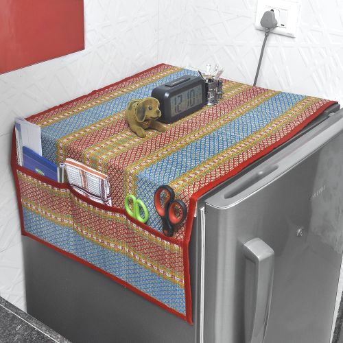 Checked Housewarming Gifting Korai Mat Fridge Cover, Color : Red