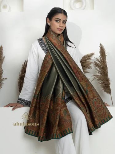Wool Blend Luxury Kashmiri Kani Shawl Reversible, Color : Green